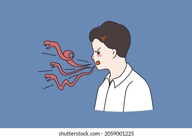 Angry furious man talk snakes and lizards. Mad enraged male talk gossip and lie. Outraged guy long evil tongue speaking. Gossiper, liar. Chatterbox. Cartoon character. Flat vector illustration. 