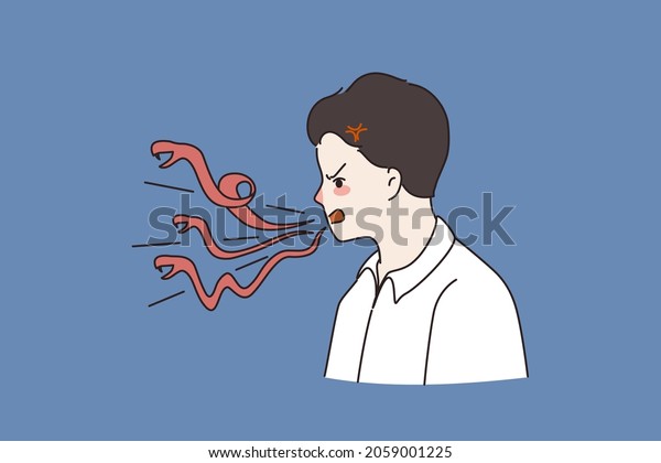 Angry furious man talk snakes and lizards. Mad enraged\
male talk gossip and lie. Outraged guy long evil tongue speaking.\
Gossiper, liar. Chatterbox. Cartoon character. Flat vector\
illustration. 