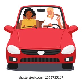 Angry furious married couple quarreling arguing while riding car isolated on white background. Young woman frowning forehead sitting with crossed hands on chest. Man yelling on wife driving automobile