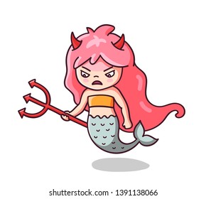 Angry furious mermaid with devil horns and trident. Kawaii cartoon character. Vector illustration.