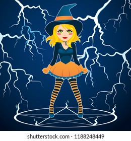 Angry furious witch with green changing eyes casting magic spell on blue storm thunder background