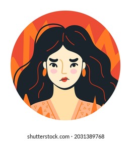 Angry furious woman in fire. Uncontrollable anger. Overworked person on the verge of psychological breakdown. Round vector hand-drawn illustration