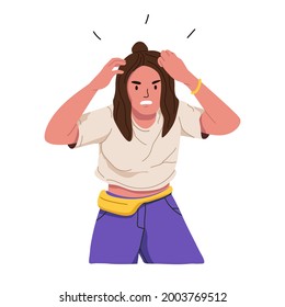 Angry furious woman grabbing her head in rage. Hysterical behavior of annoyed person in anger. Aggressive evil female express negative emotions. Flat vector illustration isolated on white background.