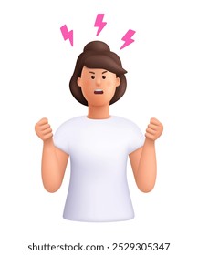 Angry furious woman screaming and clench fists struggle. Aggression, stress, hate, nervous breakdown, rage concept. 3d vector people character. Cartoon minimal style.