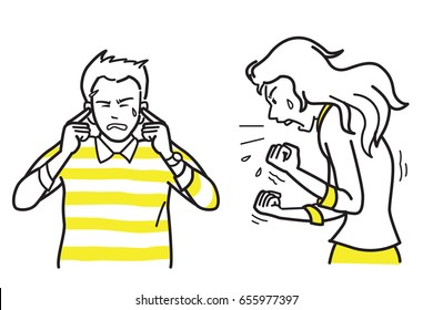 Angry And Furious Woman, Shouting, Yelling, Screaming To Boyfriend, Who Put Fingers Into Ears. Vector Illustration Character, Draw And Sketch Design, Funny Cartoon, Doodle Style.