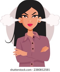 
Angry Furious Woman with Steam Coming out of ears Vector Cartoon. Dissatisfied businesswoman complaining feeling frustrated, 
