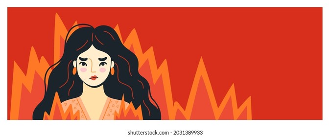 Angry furious woman surrounded by fire. Overworked person on the verge of psychological breakdown. Uncontrollable anger concept. Vector hand-drawn illustration.