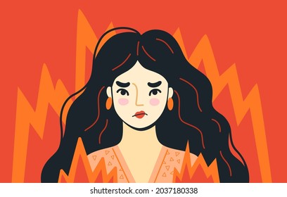 Una mujer furiosa enfurecida rodeada de fuego. Persona con exceso de trabajo al borde de la crisis psicológica. Carácter irritado estresado. Ilustración de vectores dibujada a mano