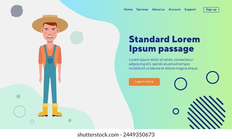 Angry gardener in straw hat flat vector illustration. Man disappointed with bad harvest. Gardening, agriculture, farm, occupation concept for web design, banner or landing page