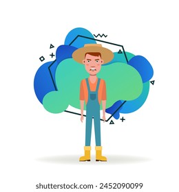 Angry gardener in straw hat flat vector illustration. Man disappointed with bad harvest. Gardening, agriculture, farm, occupation concept for web design, banner or landing page