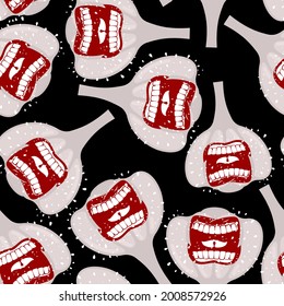 Angry garlic screams pattern seamless. Spicy garlic background