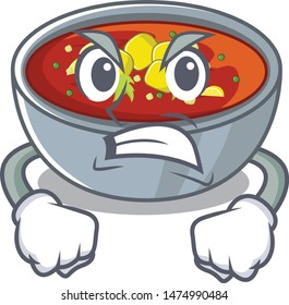Angry gazpacho dishes above wooden table character