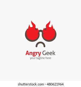 Angry Geek logo design template with face in glasses. Vector illustration.