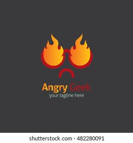 Angry Geek logo design template with face in glasses. Vector illustration.