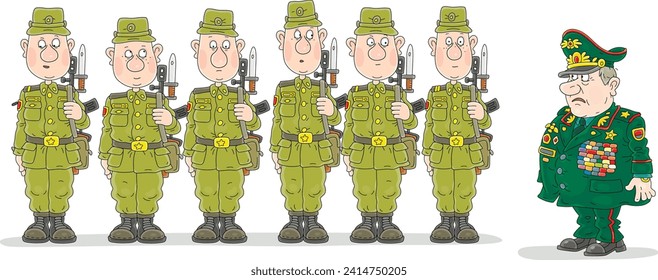 Angry general with orders and medals on his uniform and line of young soldiers and sergeants with weapons standing straight in a rank on an army parade ground, vector cartoon illustration on white