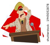 Angry general speaks on podium. Illustration concept for mobile website and internet development.
