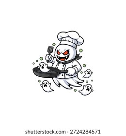 Chef fantasma enojado sosteniendo un diseño de Vector plano de icono de sartén.