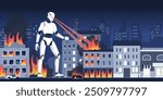 Angry giant robot burning buildings and damaging the city, evil AI droid destroying humanity