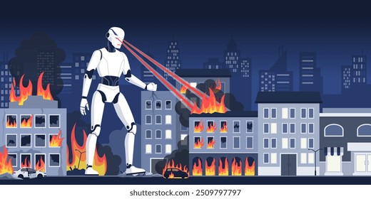 Angry giant robot burning buildings and damaging the city, evil AI droid destroying humanity