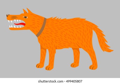 Angry ginger dog. Vector on grey. Aggressive dog with sharp teeth. Vector illustration, isolated on grey