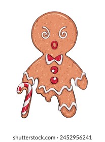 angry gingerbread man with candy cane no leg vector art