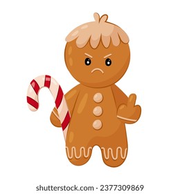 Angry gingerbread man shows the middle finger. Gingerbread in flat style on a white background. Christmas print.