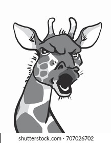 angry giraffe isolated at white background, emotion faces of a giraffe, black and white vector sketches in cartoon style, drawings