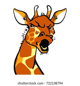 Angry giraffe isolated at white background. Emotion face of a giraffe. Color vector sketch in cartoon style. Drawing. Card design.