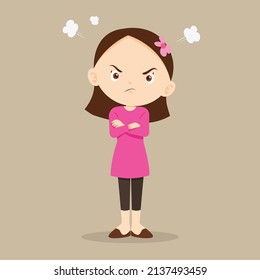 Angry Girl Actions.Angry Child Standing In A Pose, Arms Crossed, With A Disgruntled Look On Him Face.bullying Children.