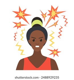 Angry girl with anger and explosions of sparks above head vector illustration