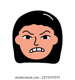 Angry girl avatar. Furious schoolgirl in bad mood. Child face portrait with negative aggressive facial expression hand drawn doodle sketch vector illustration isolated on white