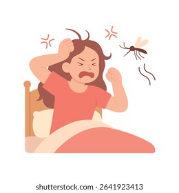 Angry girl in bed, annoyed by mosquito at night. Cartoon vector illustration. Concept of insect disturbance, mosquito buzzing, summer bedroom problem.