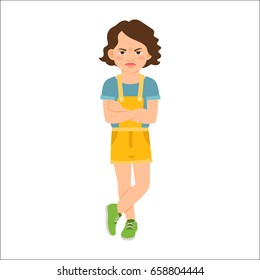 Angry girl in blue shirt isolated vector illustration on white background