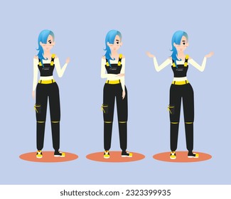 Angry girl builder shows variety of emotions. Decoration of premises and apartment renovation. Process of making home repair. Redecorating house interior. Vector illustration