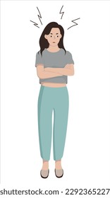 Angry girl with crossed arms. Vector illustration in flat style. Dark hair, gray T-shirt. Conflict, difficult studies, burnout at work, problems in relationships, negative emotions