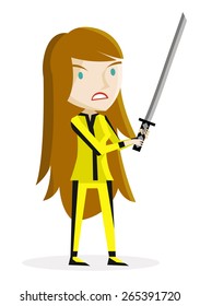 an angry girl dressed as a martial artist holding a katana sword