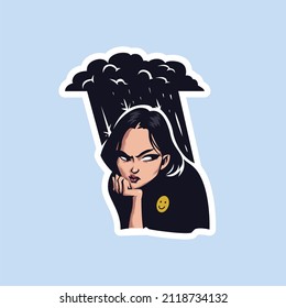 An angry girl with an emoji on her chest. Above her hangs a cloud of lightning and rain coming from it. Sticker. Emoji