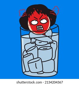 Angry Girl With Fire Red Face is Calming Herself In A Glass Of Ice Water Concept Card Character illustration