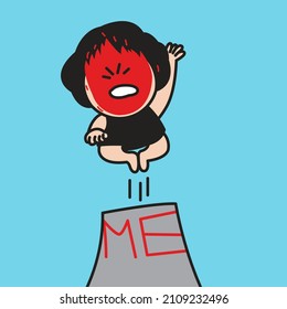 Angry Girl With Angry Flame Fire Head Jumping Out From A Fire Of Mountain Peaks Concept Card Character illustration