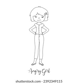Angry girl with hands on hips outline illustration vector isolated on white background. Emotions of the girl coloring illustration in kid drawing style.