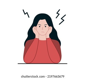 Angry Girl With Her Hand On Cheek. Argument, Conflict, Negative Emotions, Stress, Facial Expression Concepts. Flat Cartoon Character Vector Design Illustrations.