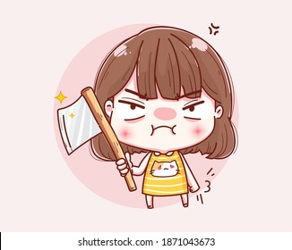 Angry girl holding axe and vector character design.