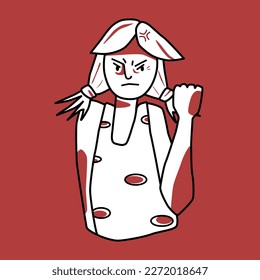 Angry girl, irritated emotion, red and white. Annoyed half body adolescent with ponytails haircut, negative evil mood female kid, threaten with a fist. Line with spots sketched style.