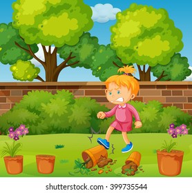 Angry girl kicking potted plants in the garden illustration