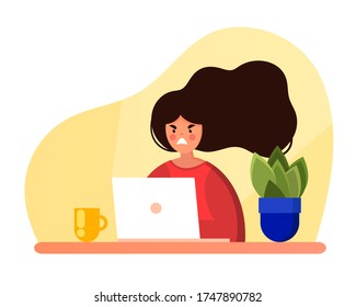 Angry girl is looking at the computer. A woman in stress sits at a table in front of a laptop. Cartoon style. Vector stock flat illustration.