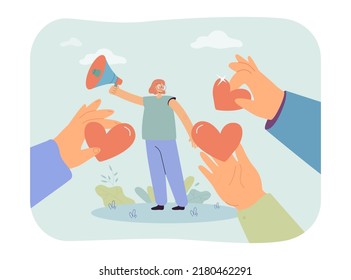 Angry girl with loudspeaker and hands holding hearts. People supporting each other flat vector illustration. Love, society, help, assistance concept for banner, website design or landing web page