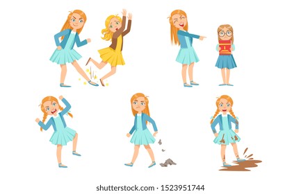 Angry girl offends a classmate. Vector illustration.