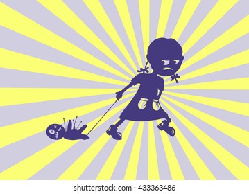 angry girl pulls on the rope voodoo doll