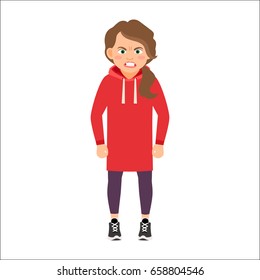 Angry girl in a red hoodie isolated vector illustration on white background