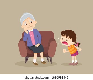 Angry girl scold to sad elderly. Aggressive kid screams at a scared elderly woman. Stop domesic abuse.Family violence and aggression concept.grandchild scold to grandmother.